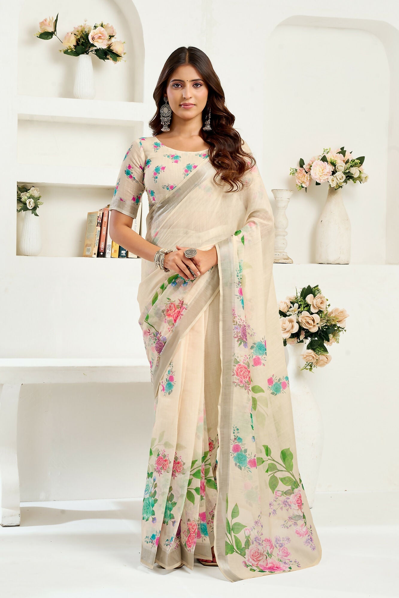 Vastranavya Cream Digital Printed Linen Ready To Wear Designer Grab2Buy with Unstitched Blouse  Grab2Buy Vastranavya Grab2Buy