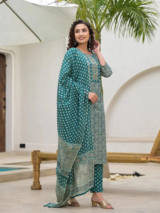 Yufta Yufta Embroidered Printed Teal Green Cotton Kurta Set With Dupatta Set