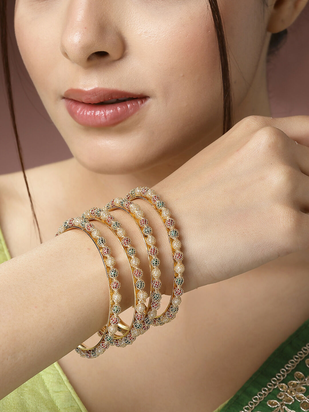 NVR Women's Set of 4 Gold-Polished Beads Handcrafted Traditional Bangles 