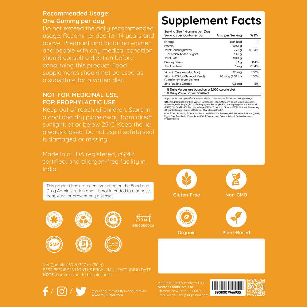 Purna Gummies Vitamin C Orange Gummies with Vitamin D3, and Zinc for Immunity & Clear Skin 