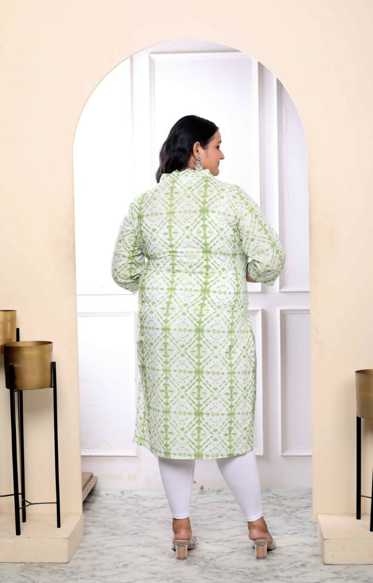 Miravan Women's Plus Size White And Green Tie Dye Cotton Kurti 