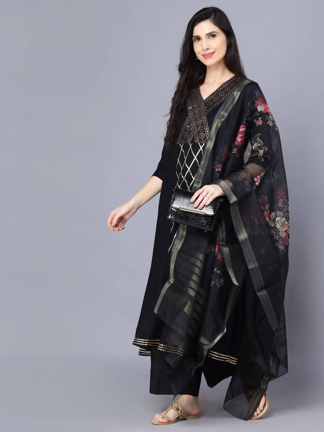 Myshka Women Black Printed Kurta with Dupatta