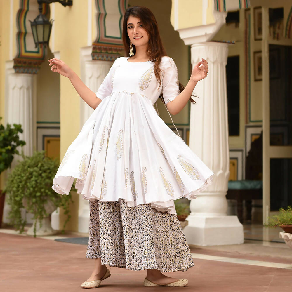 PartyWear Designer White Pure Maslin Palazzo Suit - Anbazaar