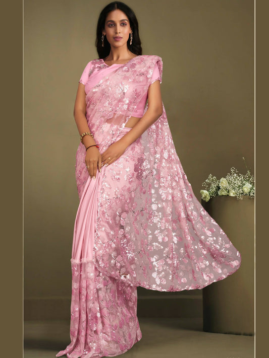 Pink Crepe Lycra Sequence Embroidered Saree With Stitched Blouse - Mohmanthan La Belle