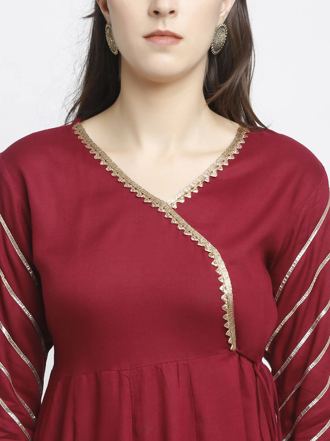 Rudra Bazaar Wine Angrakha Style Flared Anarkali Kurta with Pyjamas & Dupatta