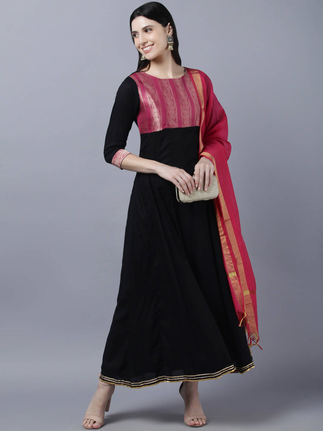 Myshka Women Black Peach-Coloured Colourblocked Cotton Anarkali Kurta