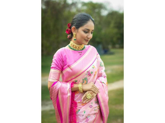 Aastha Fashion Women's Baby Pink Banarasi Silk Meenakari Zari Woven Saree with Blouse - Grab2buy