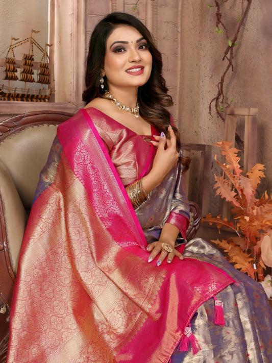 Anaita Lavender Tissue Silk With Zari Weaving Saree With Blouse