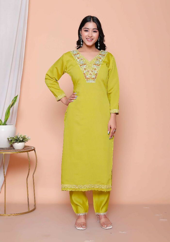 Miravan Womens Muslin Yellow Kurta And Palazzo With Dupatta Set