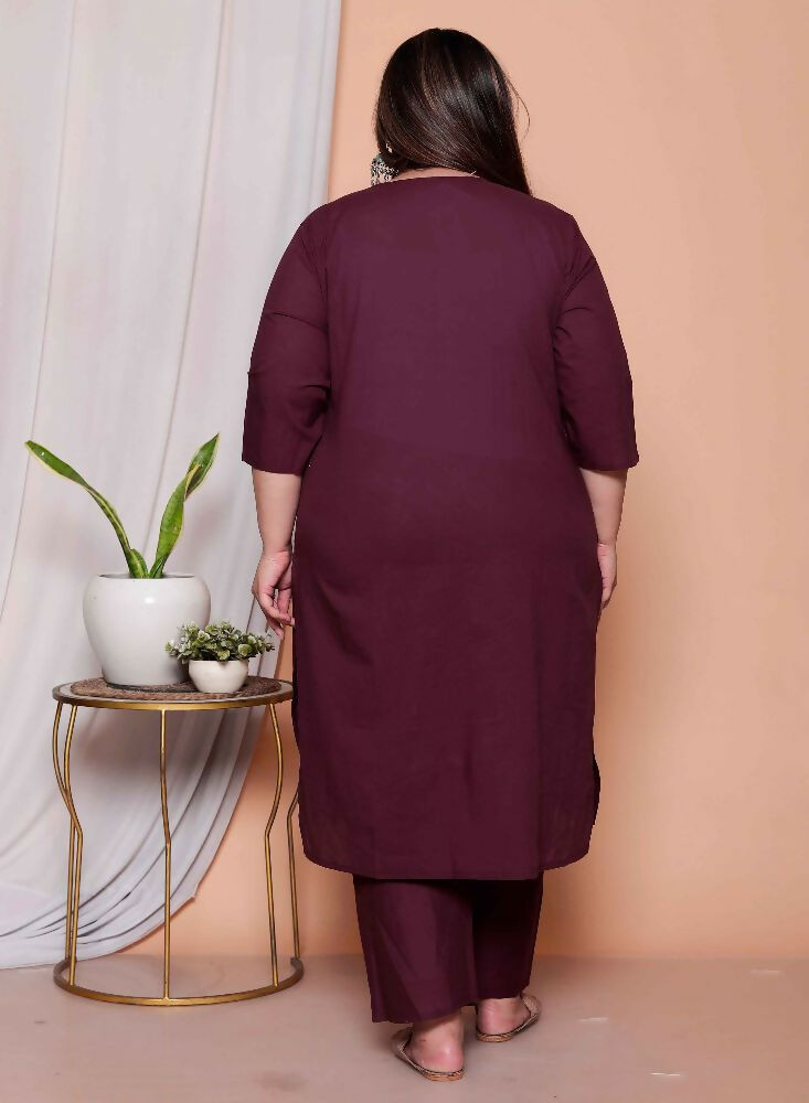 Miravan Womens Plus Size Wine Floral Kurta With Palazzo And Dupatta Set