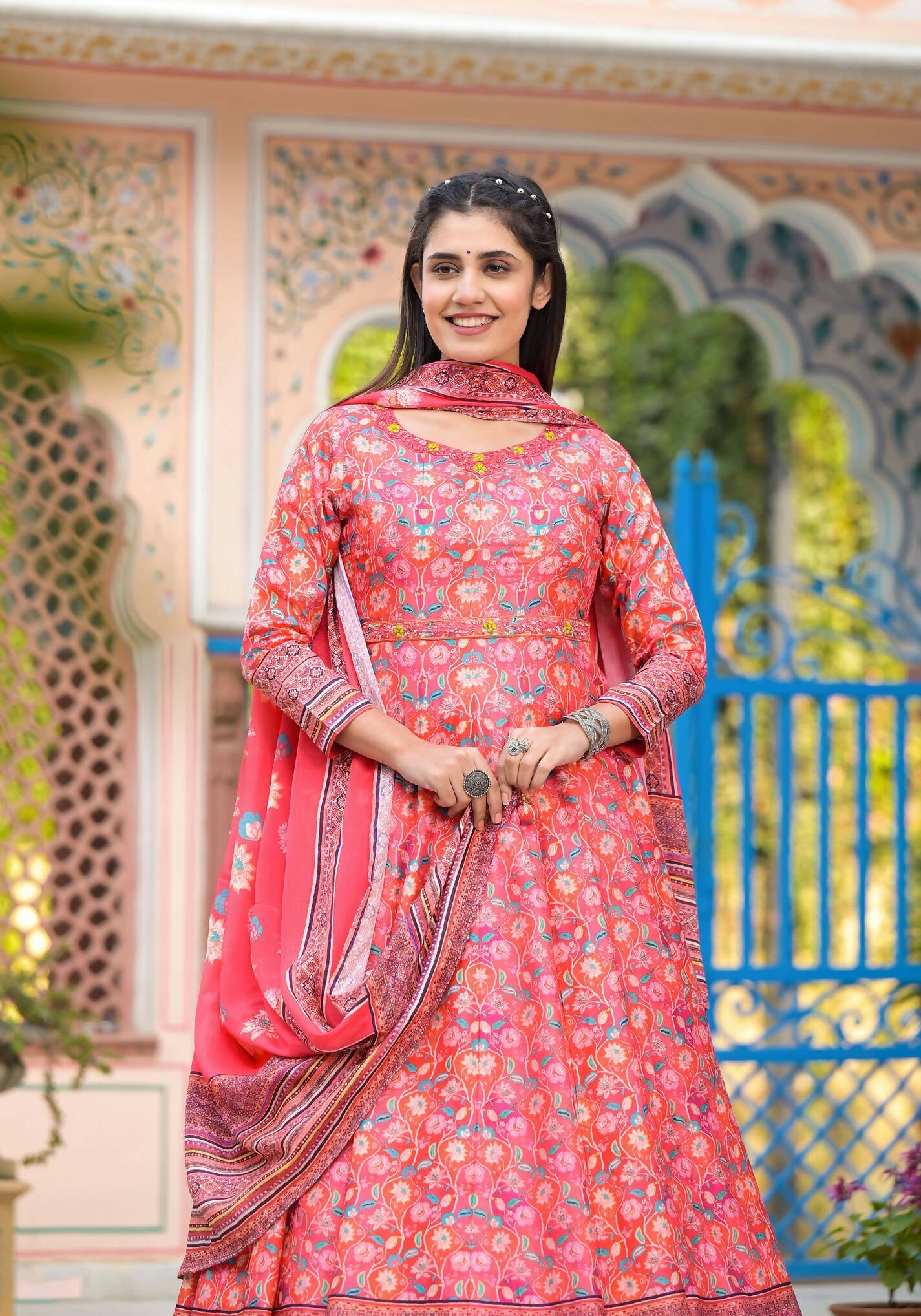 Functional Designer Red-Orange Dola Silk Anarkali suit with Dupatta - Ramya