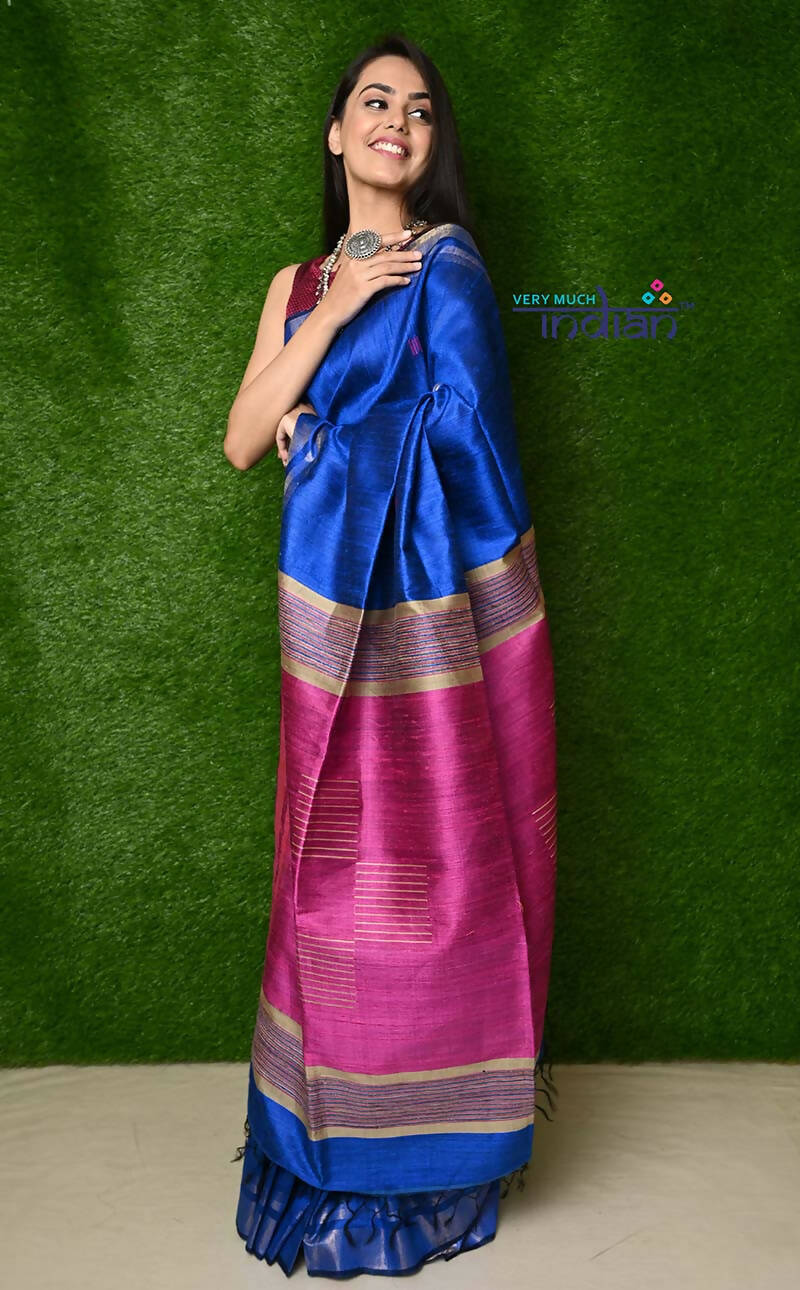 Very Much Indian Handwoven Raw Silk Dupion Grab2Buy - Cobalt Blue With Purple Pallu 