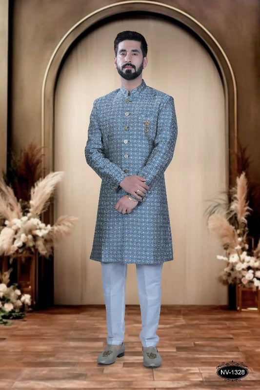 Joban Fashion Men's Blue Brocade Kurta with Pyjama