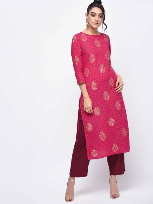 Aniyah Cotton Block Printed Pink Color Straight Kurta (AN-136K) 