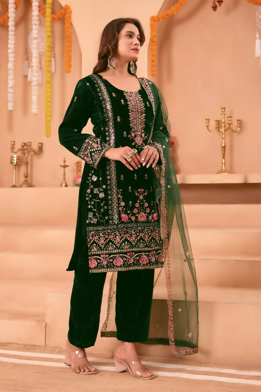 Joban Fashion Green Velvet Embroidery Sequence Work Readymade Kurta Set