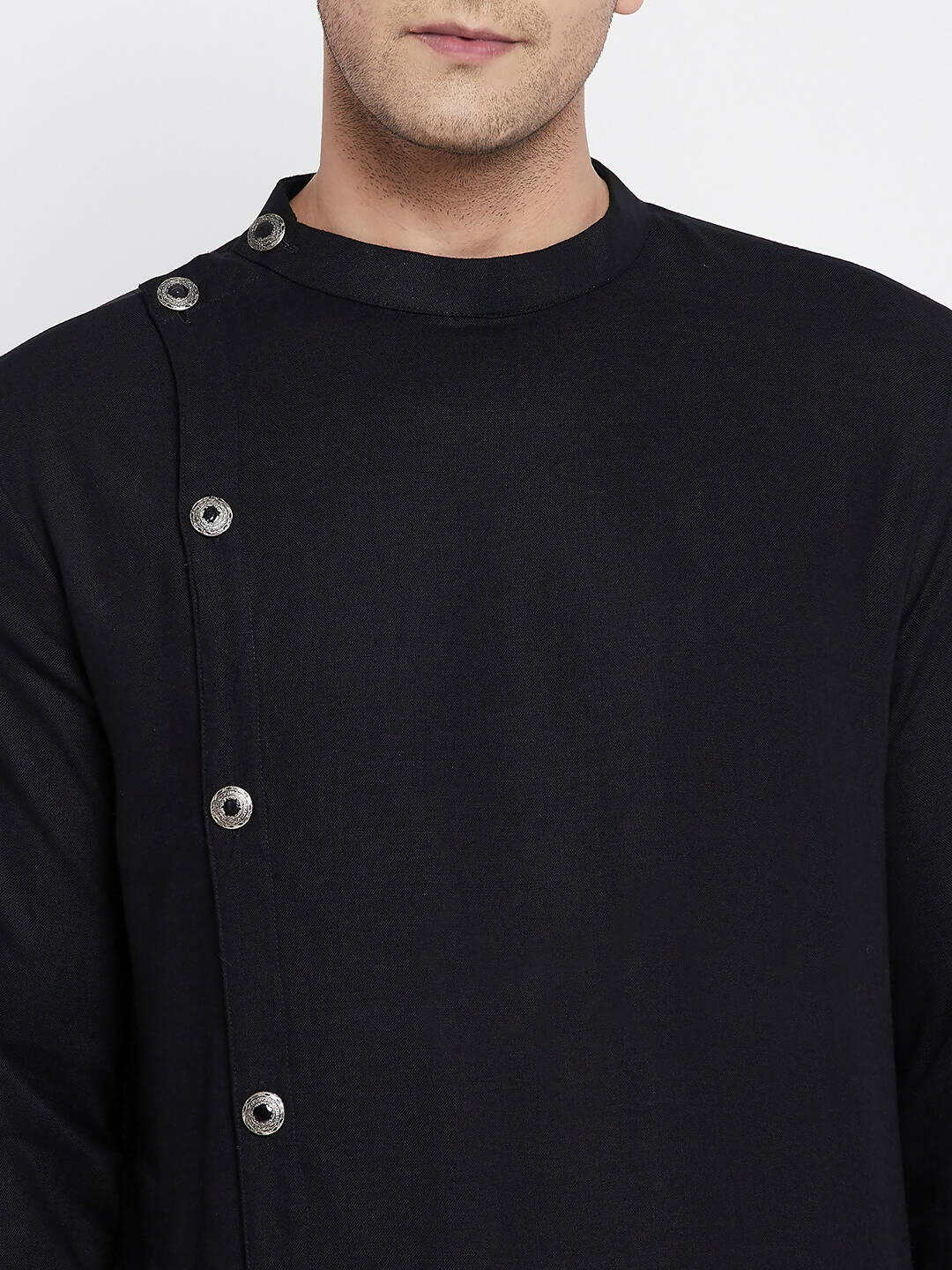 Even Apparels Black Pure Cotton Men's Sherwani Kurta With Asymetrical Cut 