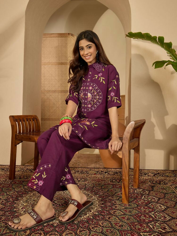 Joban Fashion Women Purple Roman Silk Embroidered Stitched Kurta Set