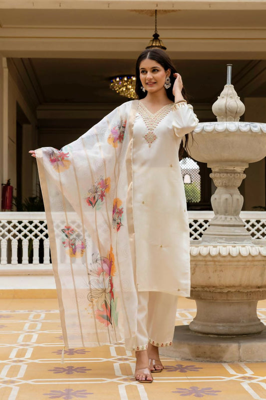 The52 White Women's Beautiful Viscose Chanderi Fabric Embroidered Work Straight Kurta Pant and Dupatta Set | Grab2Buy