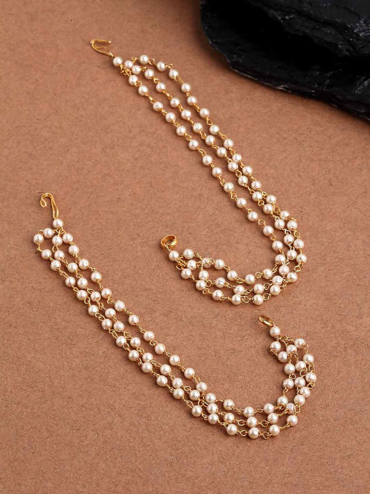 NVR Pearl Studded Classic Gold-Polished 3 Line Ear Chain Ear Cuff 