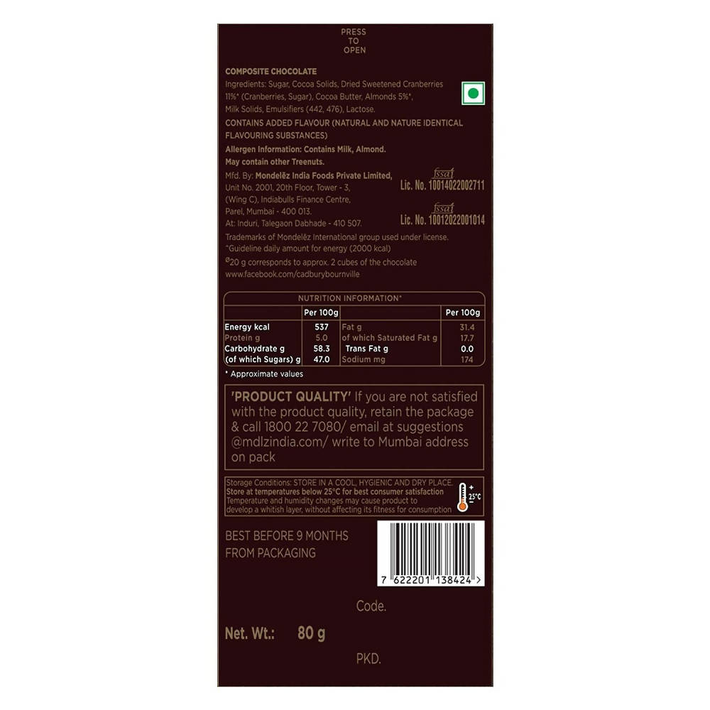 Cadbury Bournville Cranberry Dark Chocolate Bar - Grab2buy