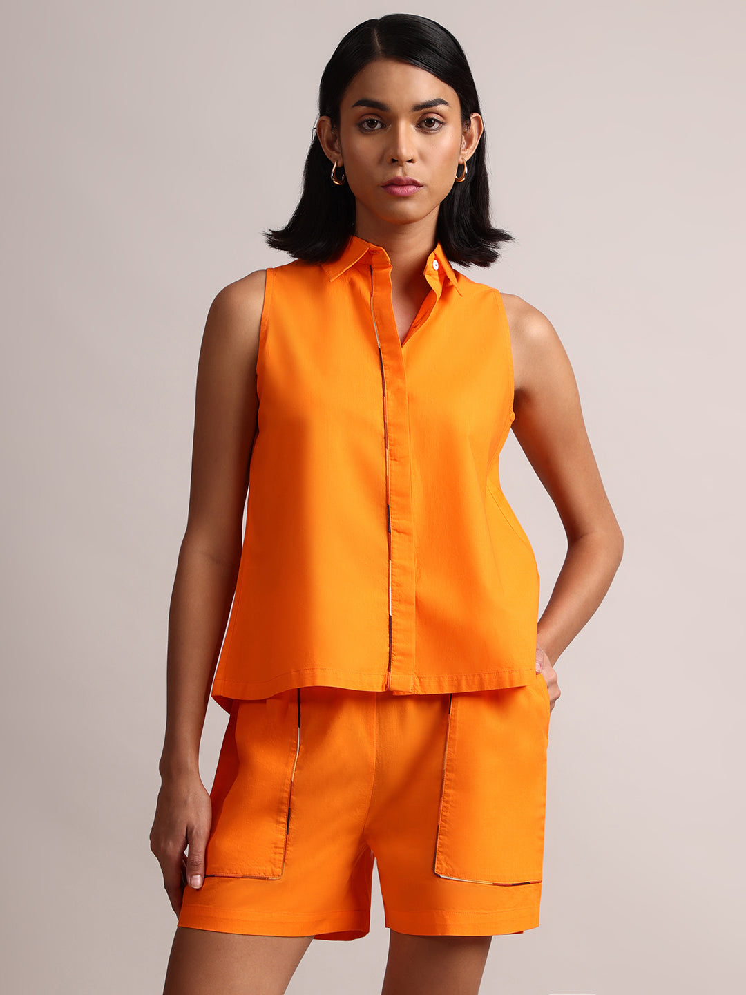 Zaccai Women's Orange Poplin Solid Co-Ords 