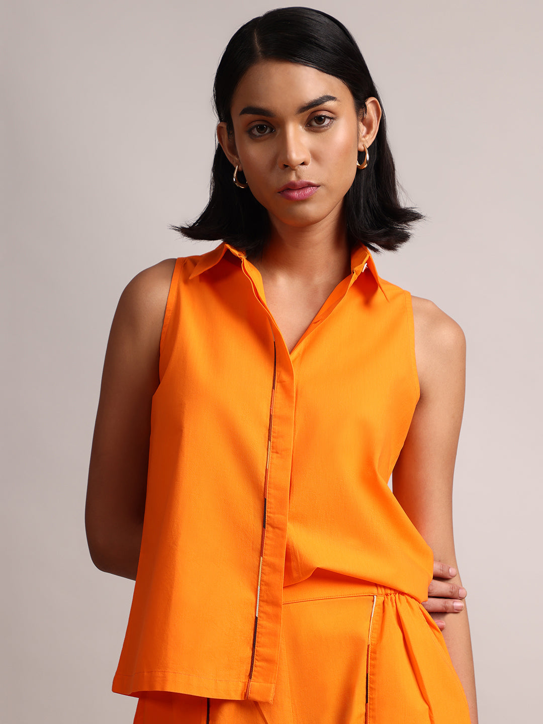 Zaccai Women's Orange Poplin Solid Co-Ords 