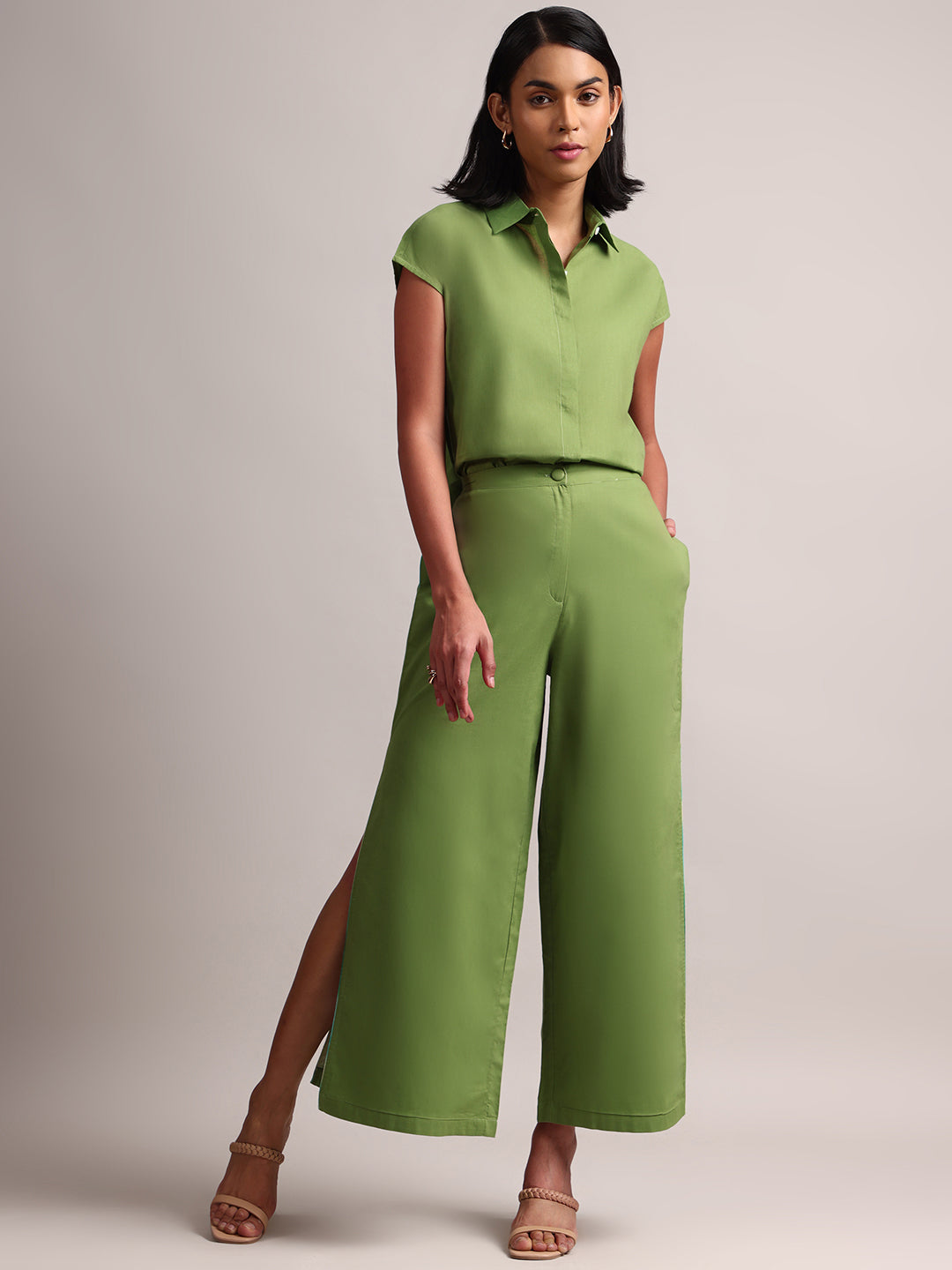 Zaccai Women's Green Cambric Solid Co-Ords 