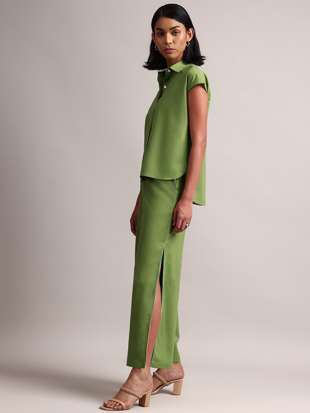Zaccai Women's Green Cambric Solid Co-Ords 