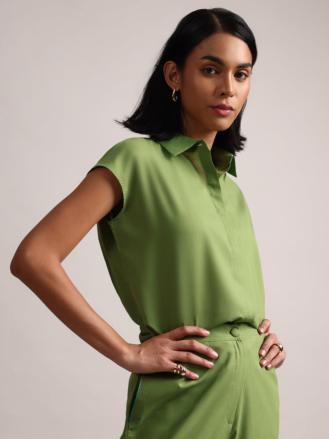 Zaccai Women's Green Cambric Solid Co-Ords 