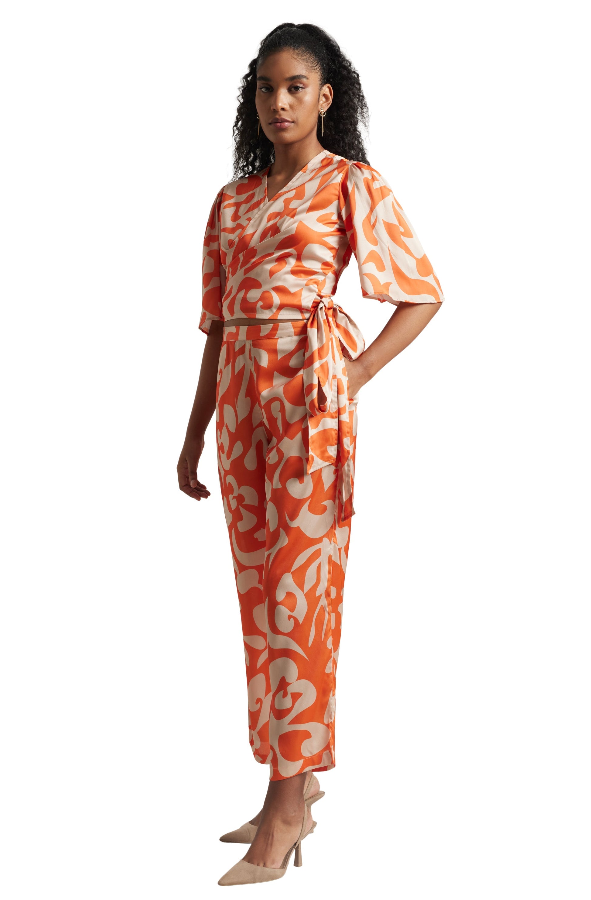 Zaccai Women's Orange Satin Abstract Co-ord Set 