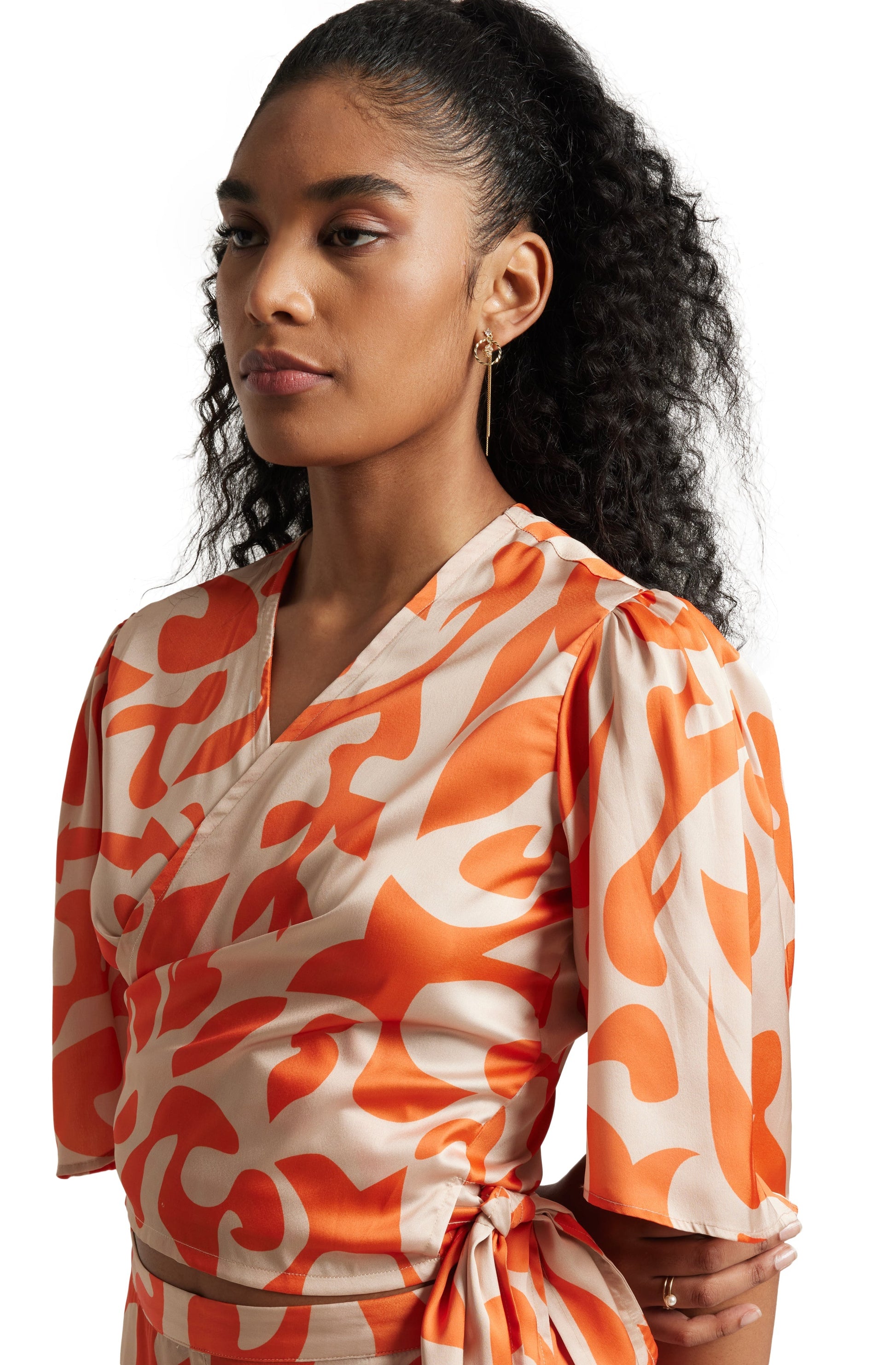 Zaccai Women's Orange Satin Abstract Co-ord Set 