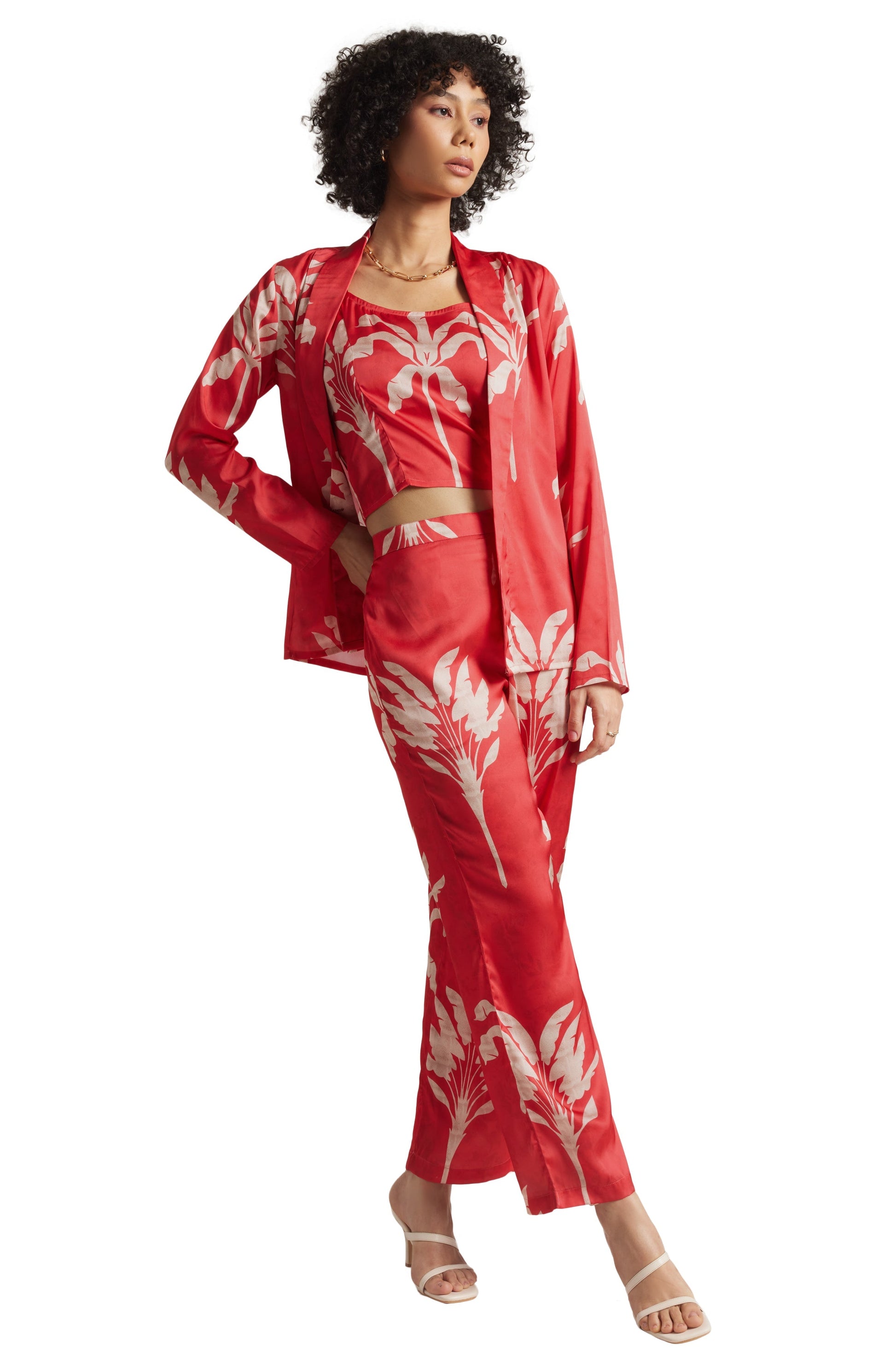 Zaccai Women's Red Satin Printed Co-ord Set 
