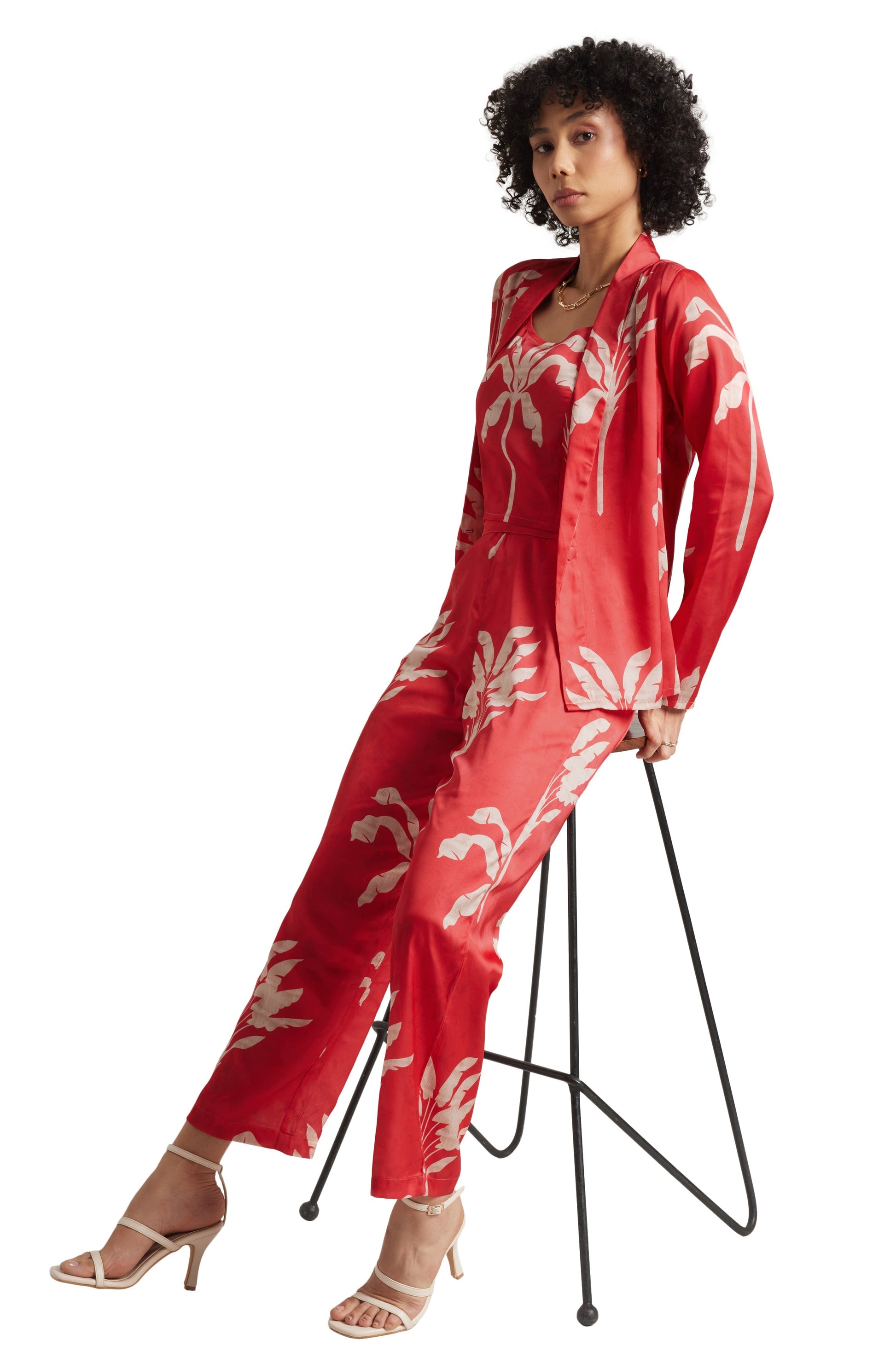 Zaccai Women's Red Satin Printed Co-ord Set 
