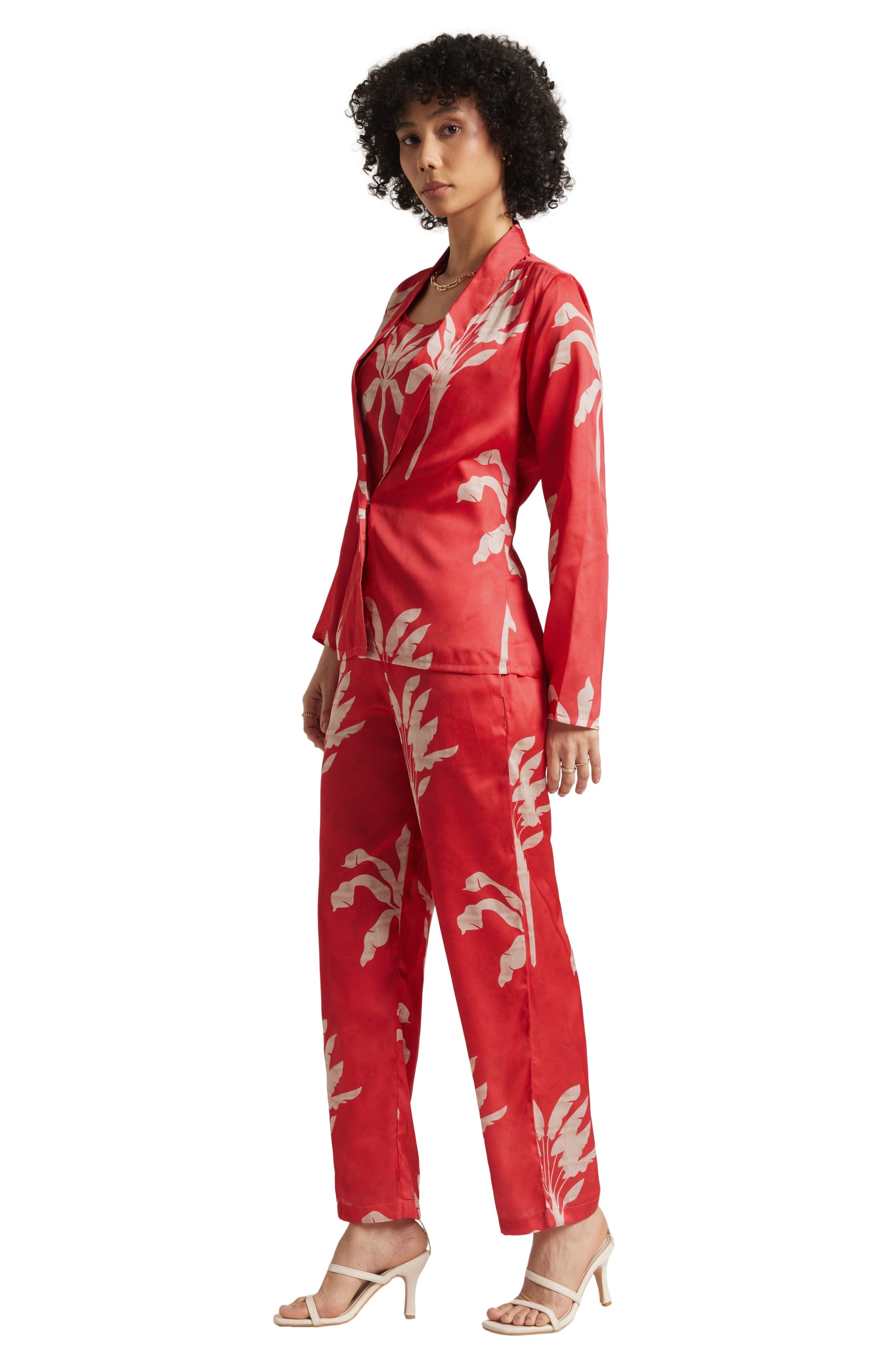 Zaccai Women's Red Satin Printed Co-ord Set 
