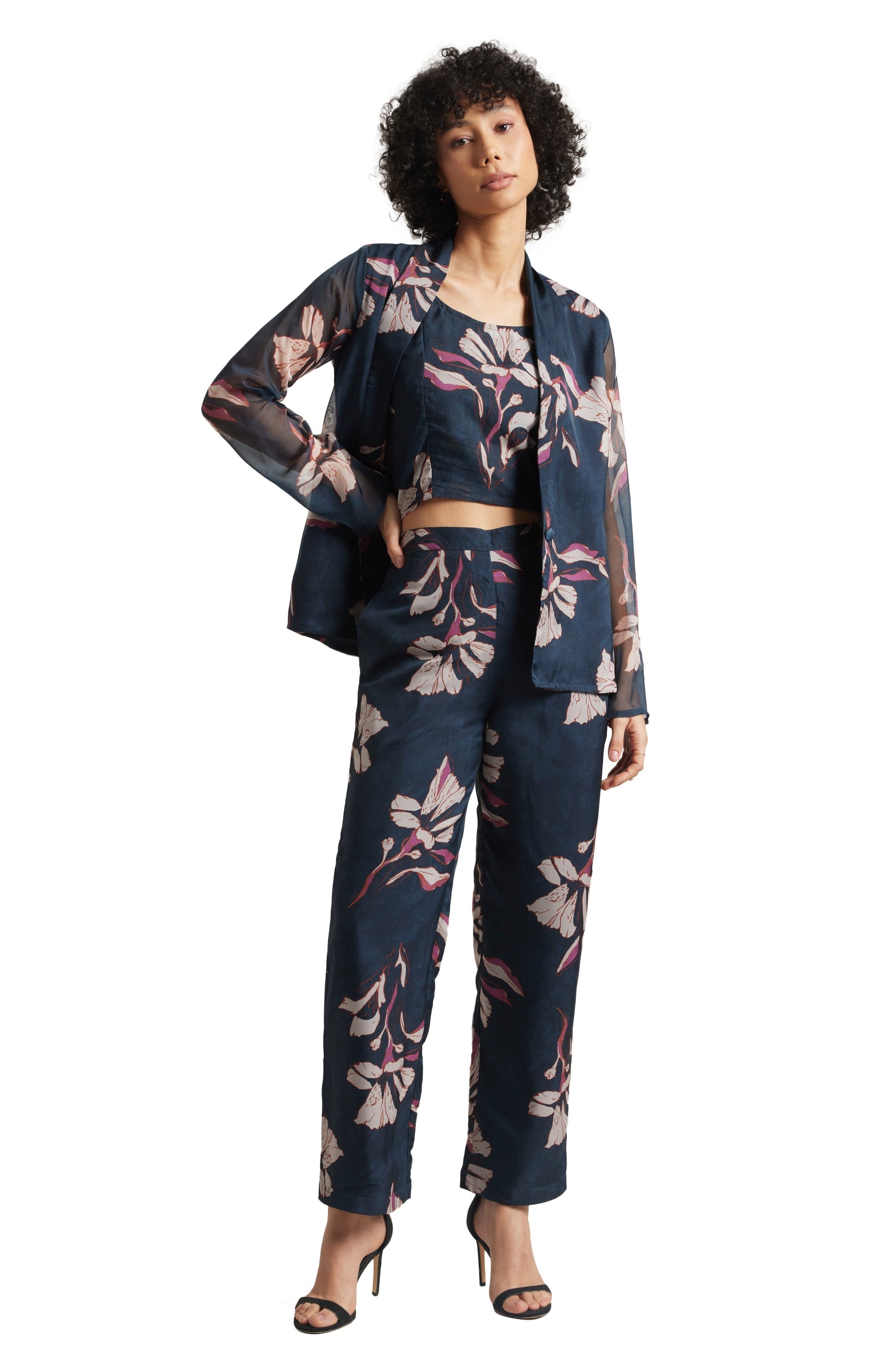 Zaccai Women's Navy Organza Floral Co-ord Set 