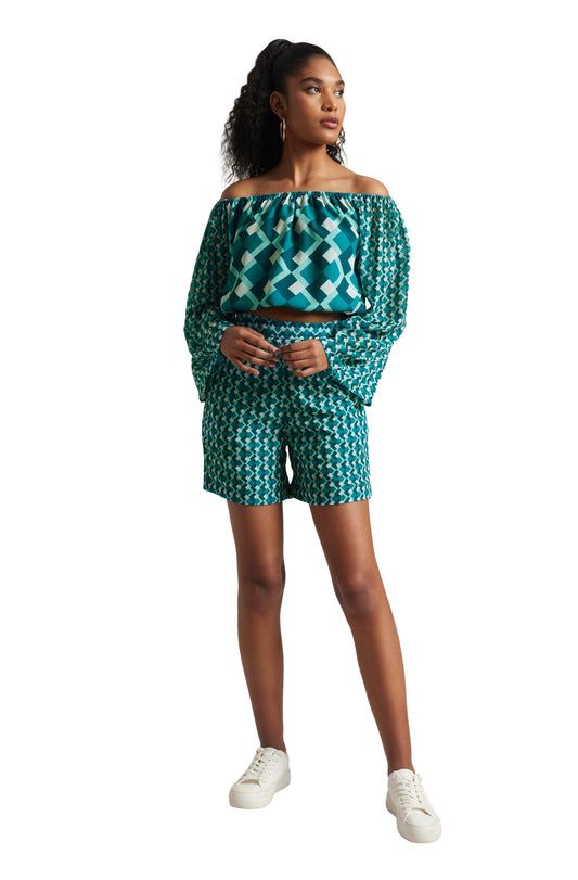 Zaccai Women's Teal Georgette Geometric Co-ord Set 