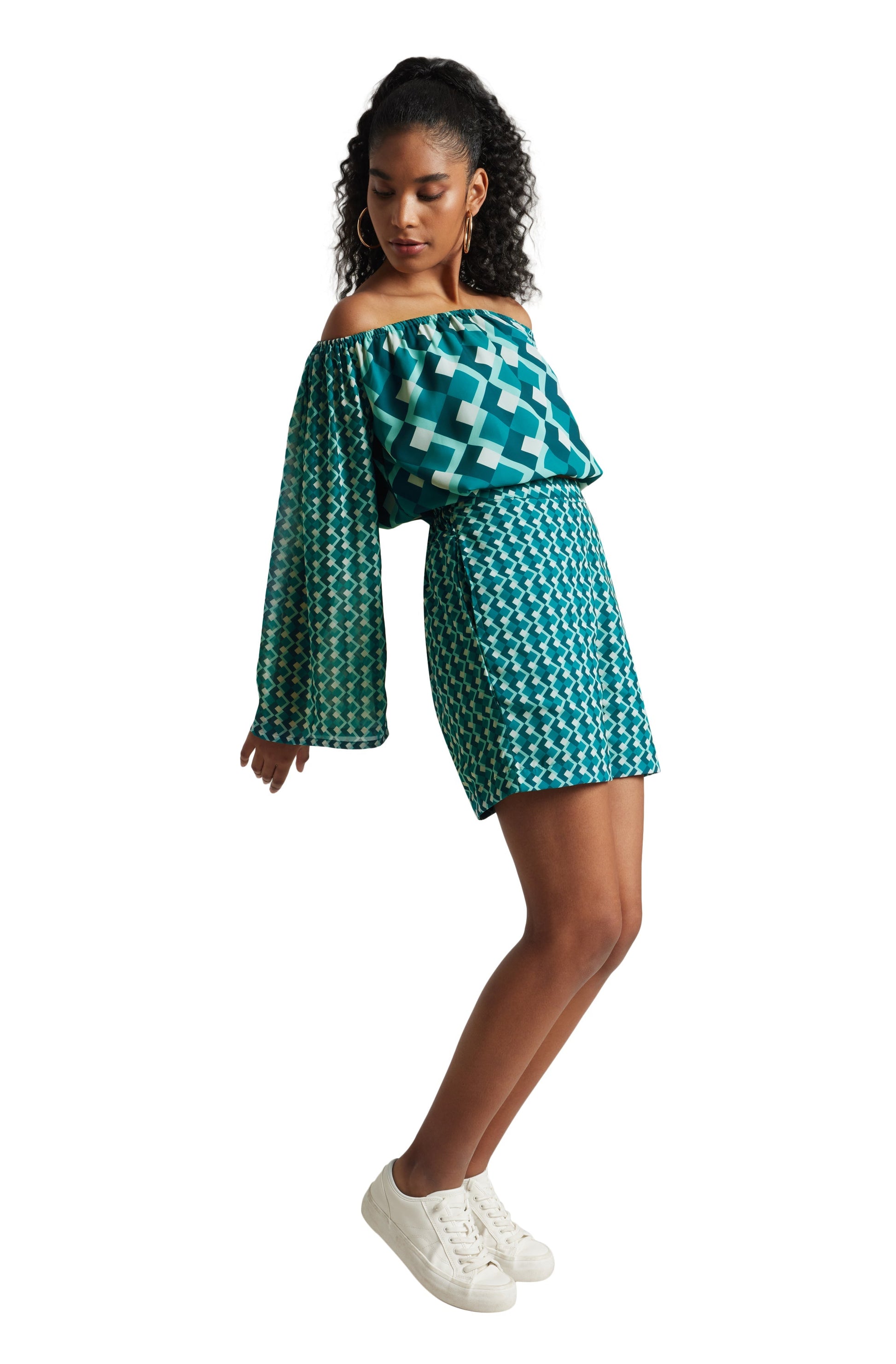 Zaccai Women's Teal Georgette Geometric Co-ord Set 