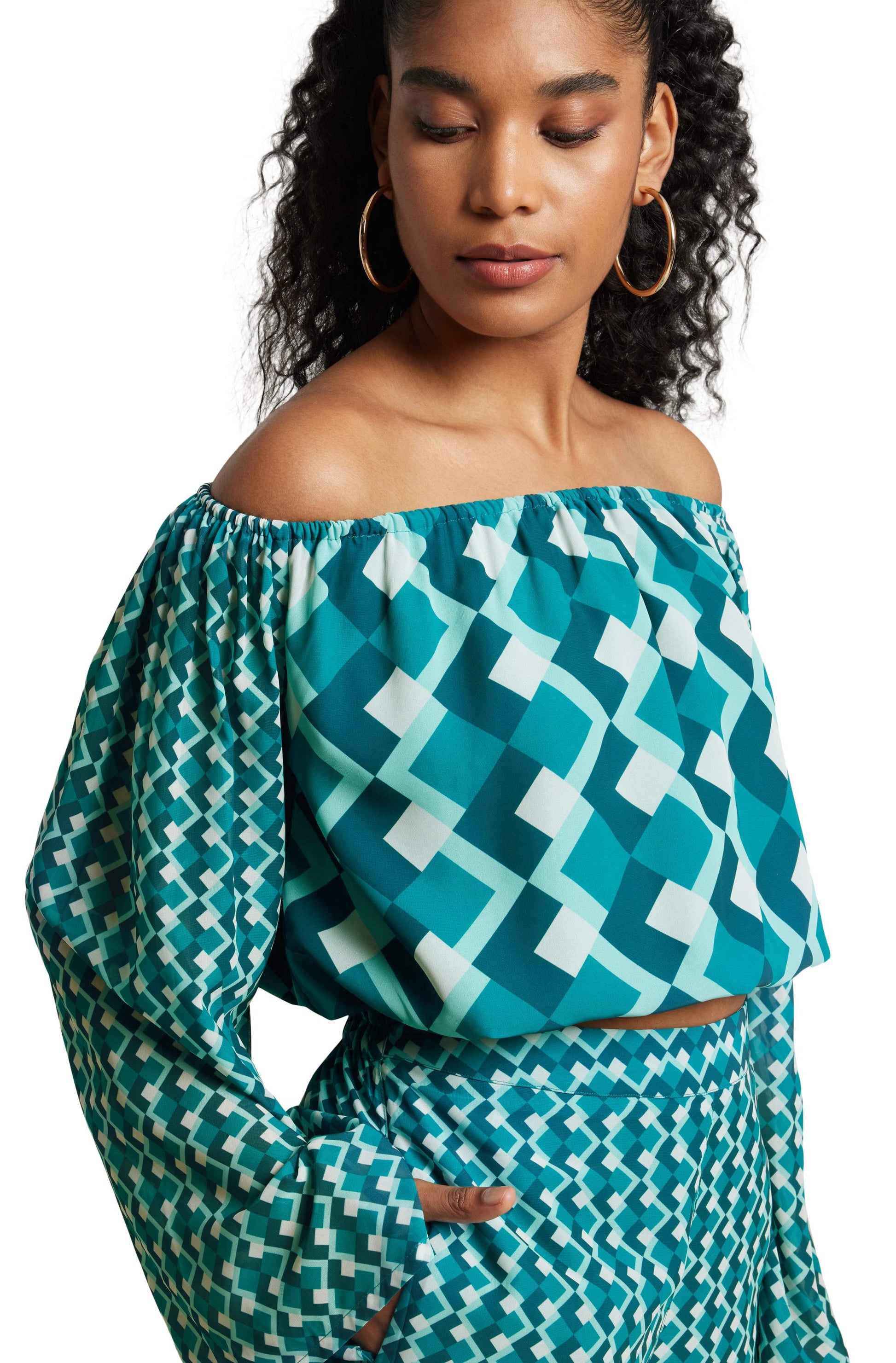 Zaccai Women's Teal Georgette Geometric Co-ord Set 