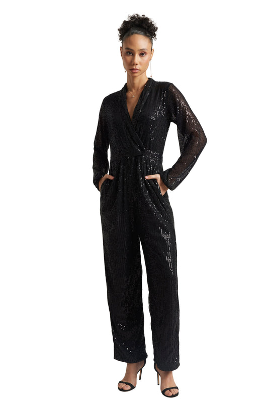 Zaccai Women's Black Poly Elastane Sequined Jumpsuit 
