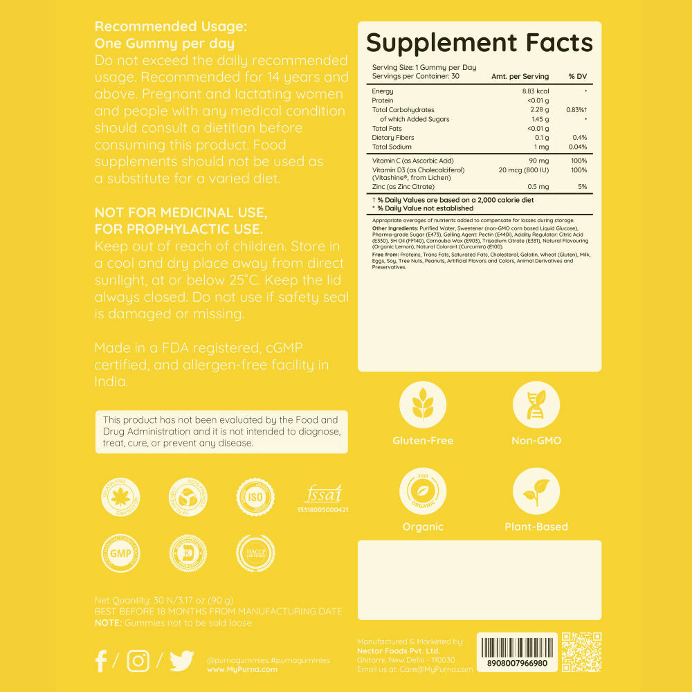 Purna Gummies Vitamin C Lemon Gummies with Vitamin D3, and Zinc for Immunity & Clear Skin 