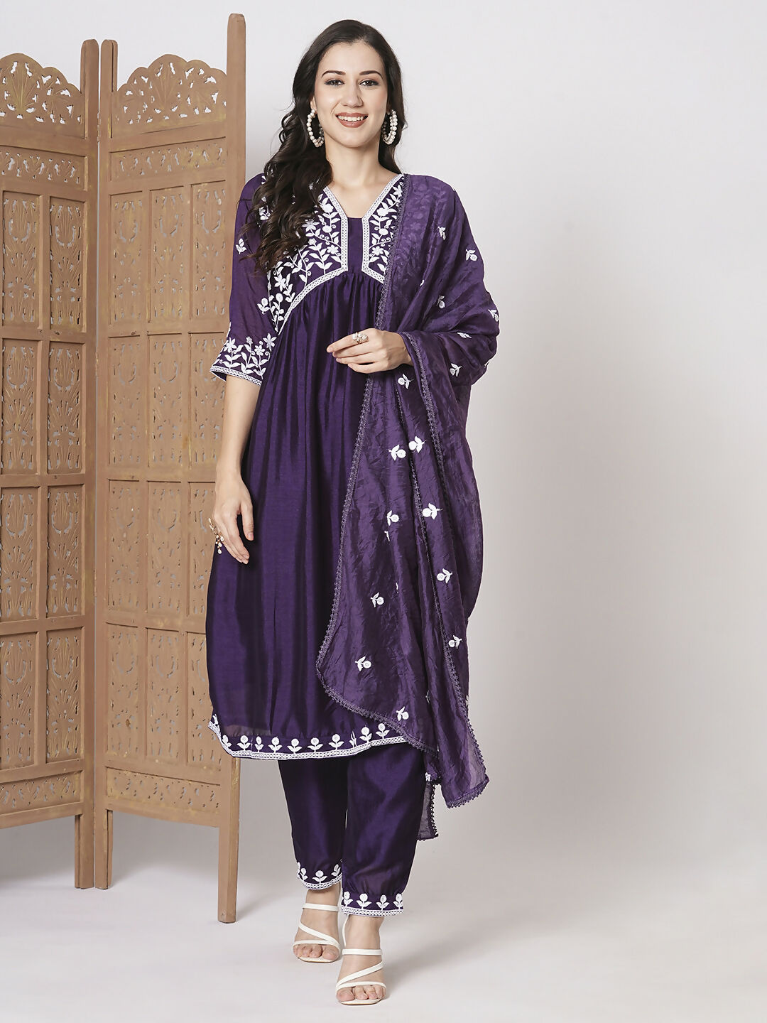 Purple Vichitra Silk Embroidery Work Kurta Set - Riya