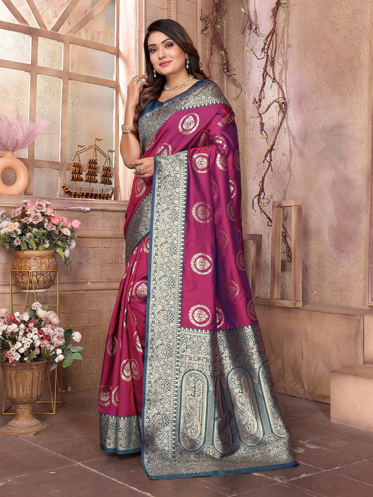 Joban Fashion Magenta Banarasi Soft Silk Woven Saree | Swadesiicart
