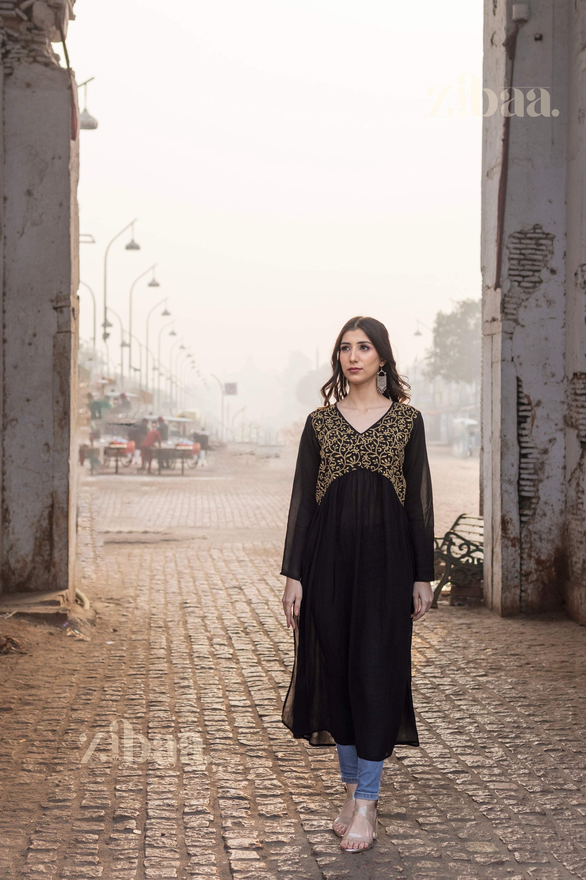 Zibaa Black Georgette Nyra Cut Chikankari Kurti | Grab2Buy