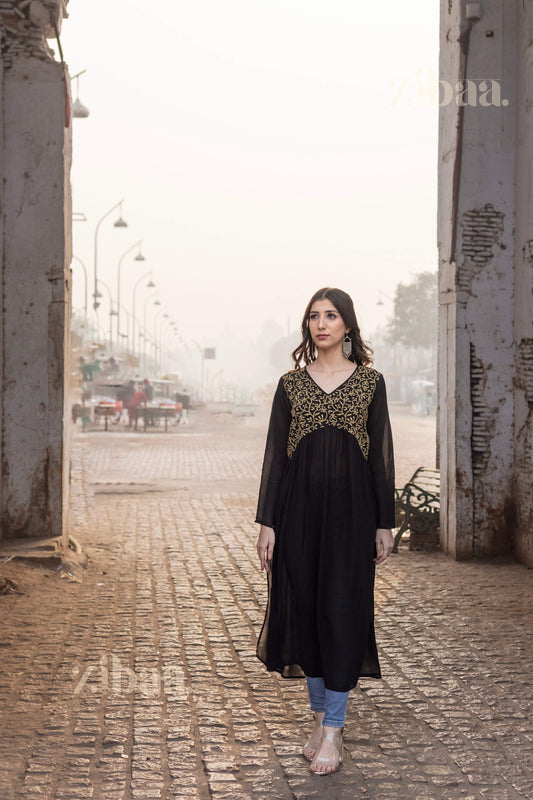 Zibaa Black Georgette Nyra Cut Chikankari Kurti | Grab2Buy