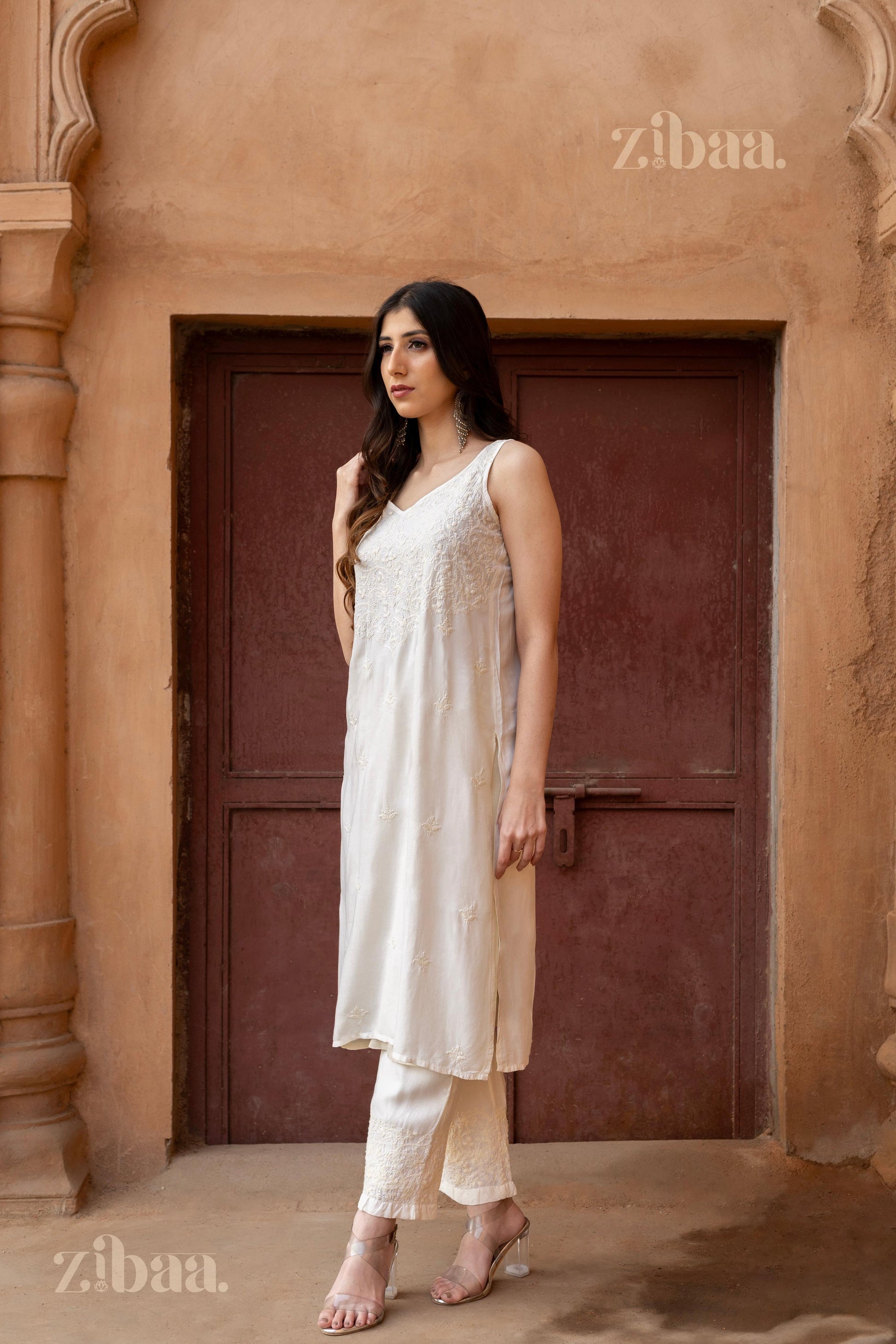 Zibaa Ivory Muslin Chikankari Co-ord Set 