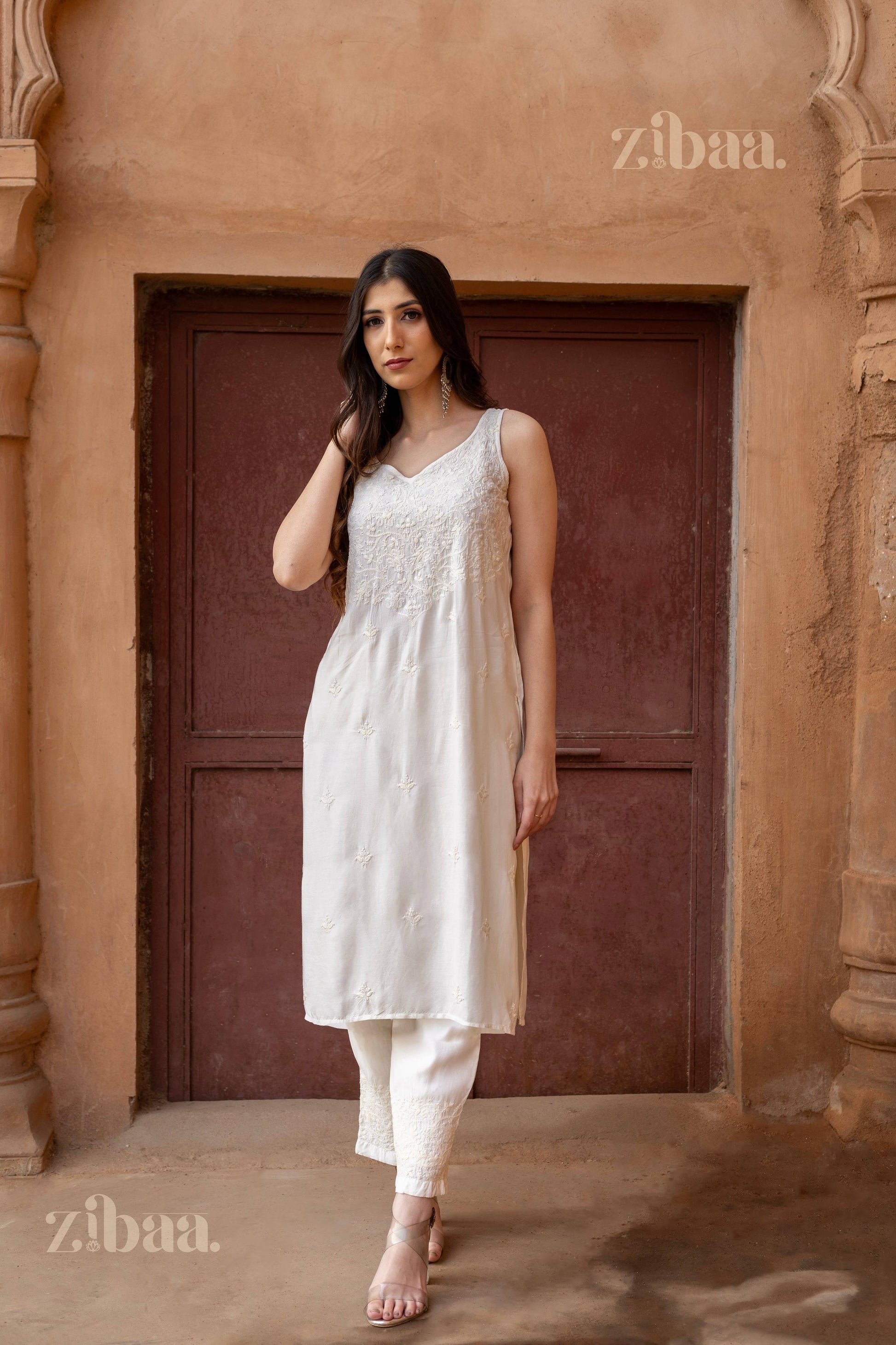 Zibaa Ivory Muslin Chikankari Co-ord Set 