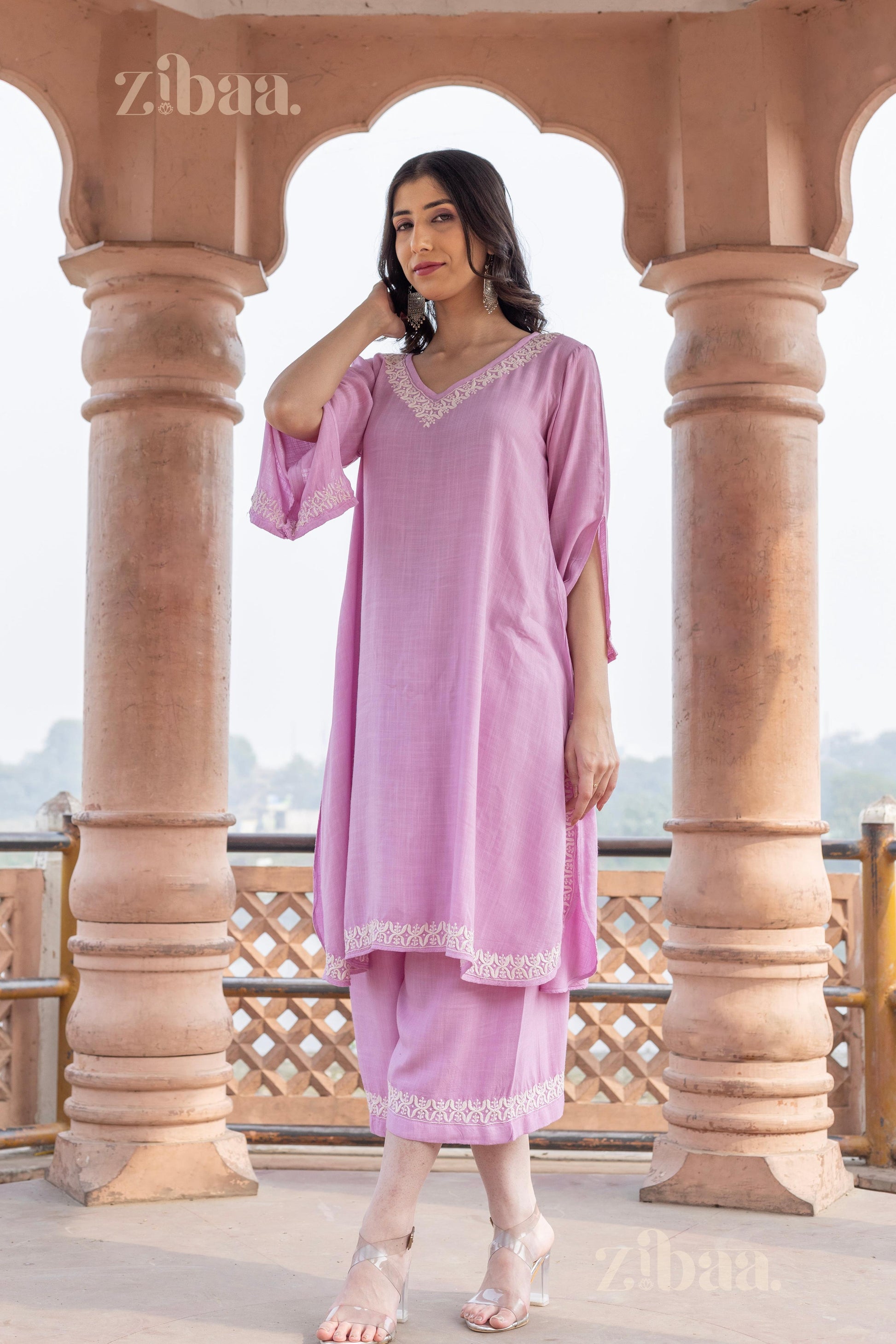 Zibaa Lilac Rayon Chikankari Co-ord Set 