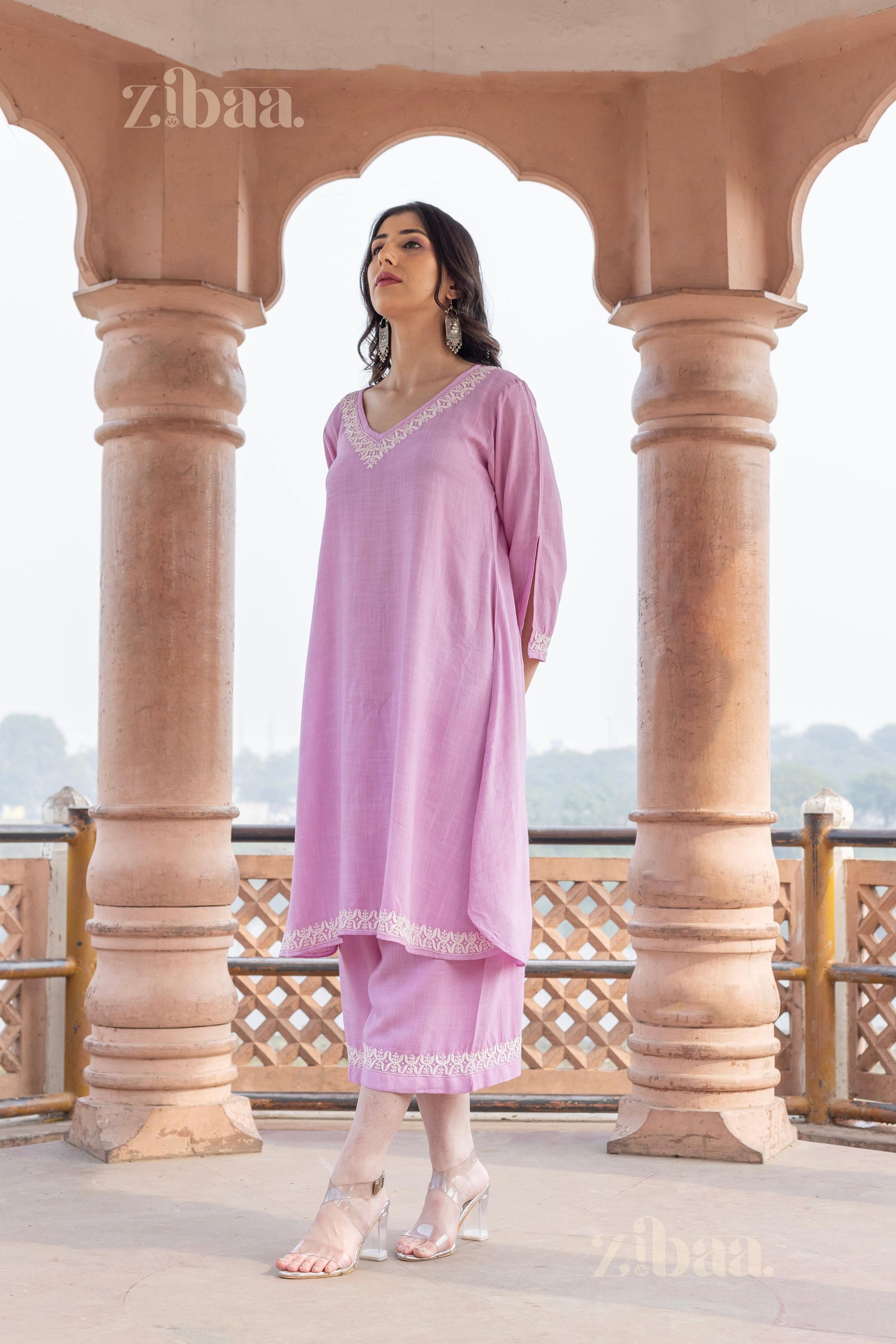 Zibaa Lilac Rayon Chikankari Co-ord Set 