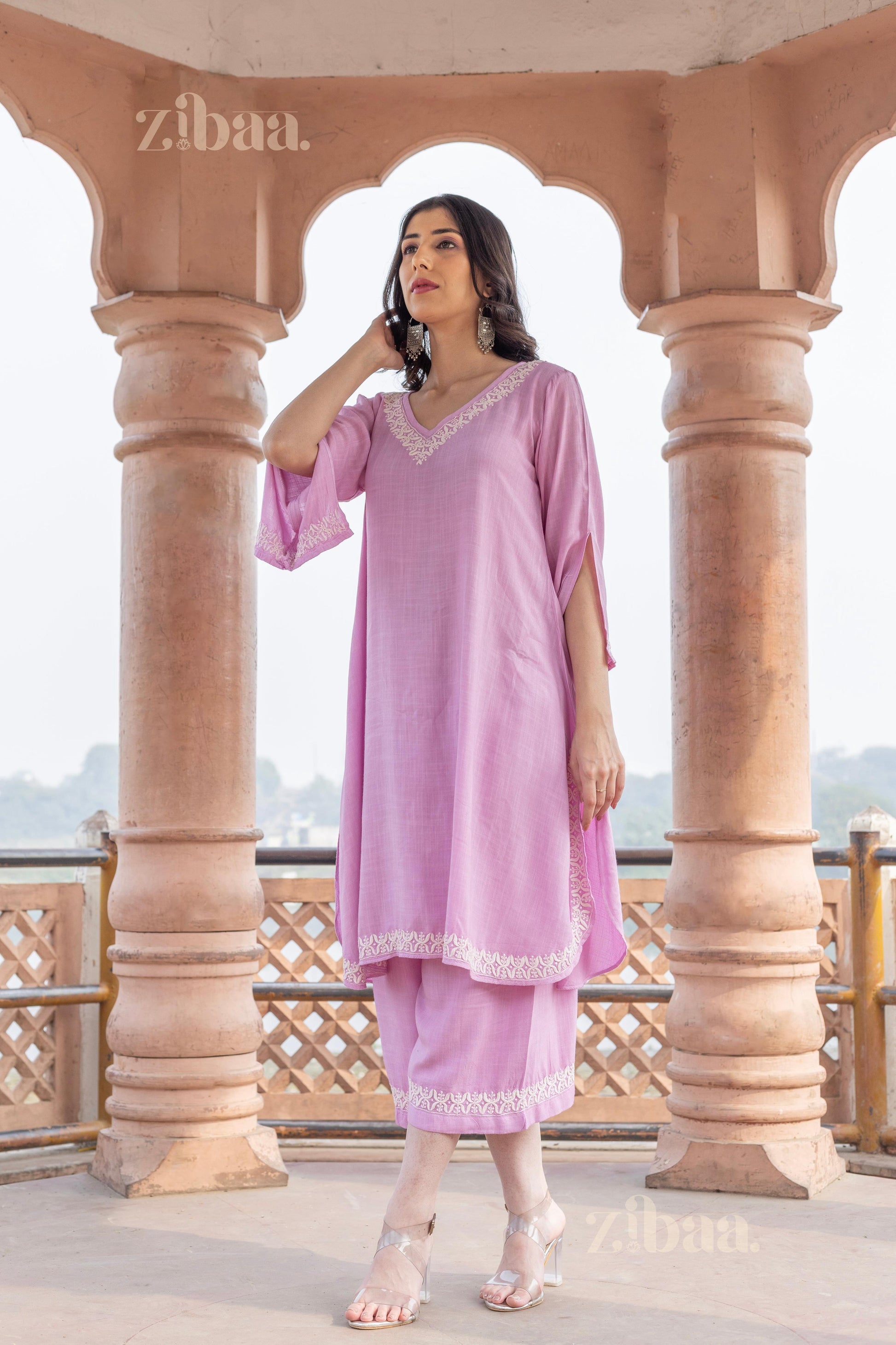 Zibaa Lilac Rayon Chikankari Co-ord Set 