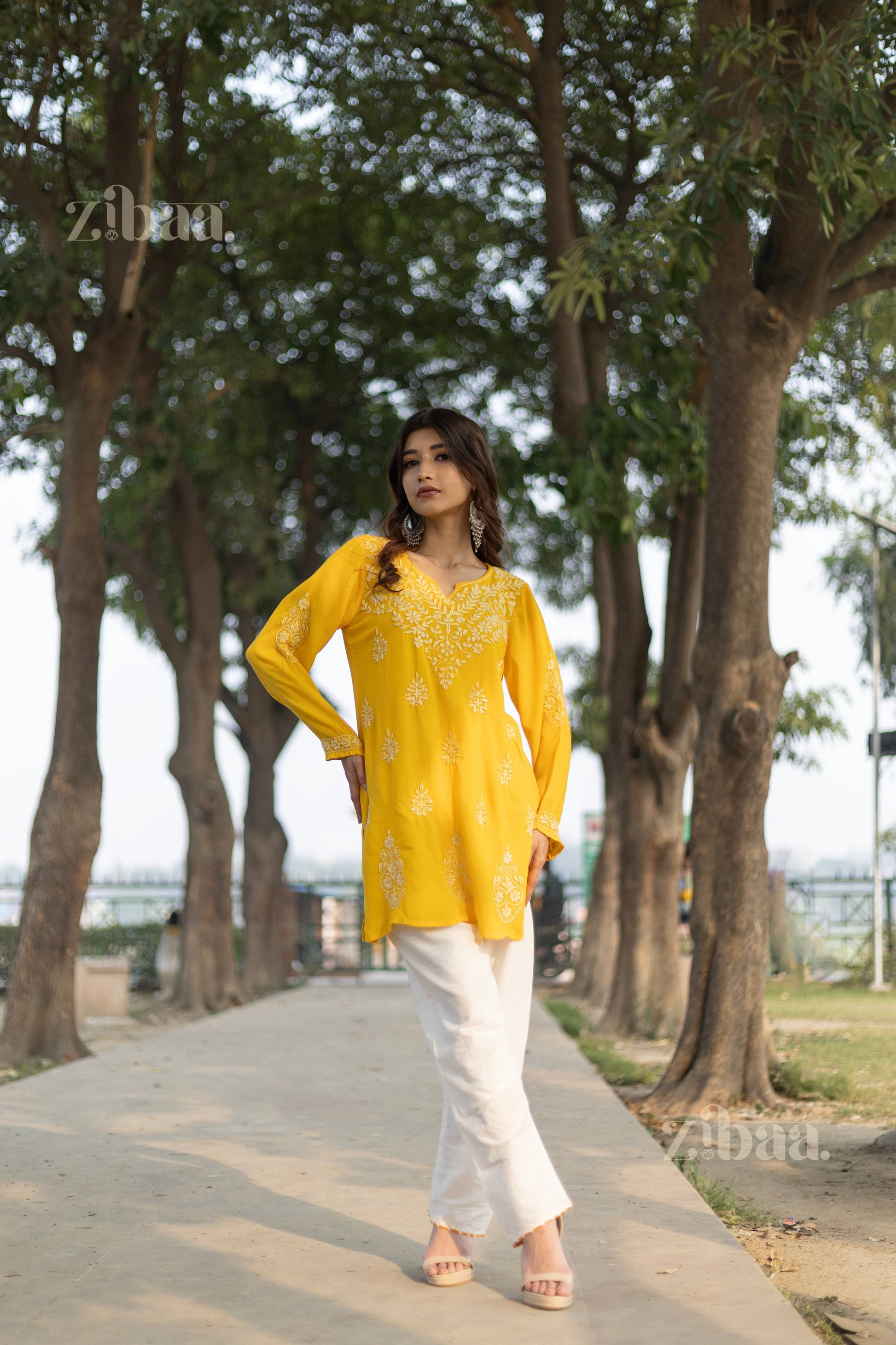 Zibaa Modal Mustard Yellow Short Chikankari Kurti | Grab2Buy